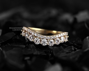 14K Gold Curved Diamond Wedding Band, Round Cut Lab Grown Diamond Double Row Ring, Pave Set Half Eternity Stacking Band, Anniversary Ring