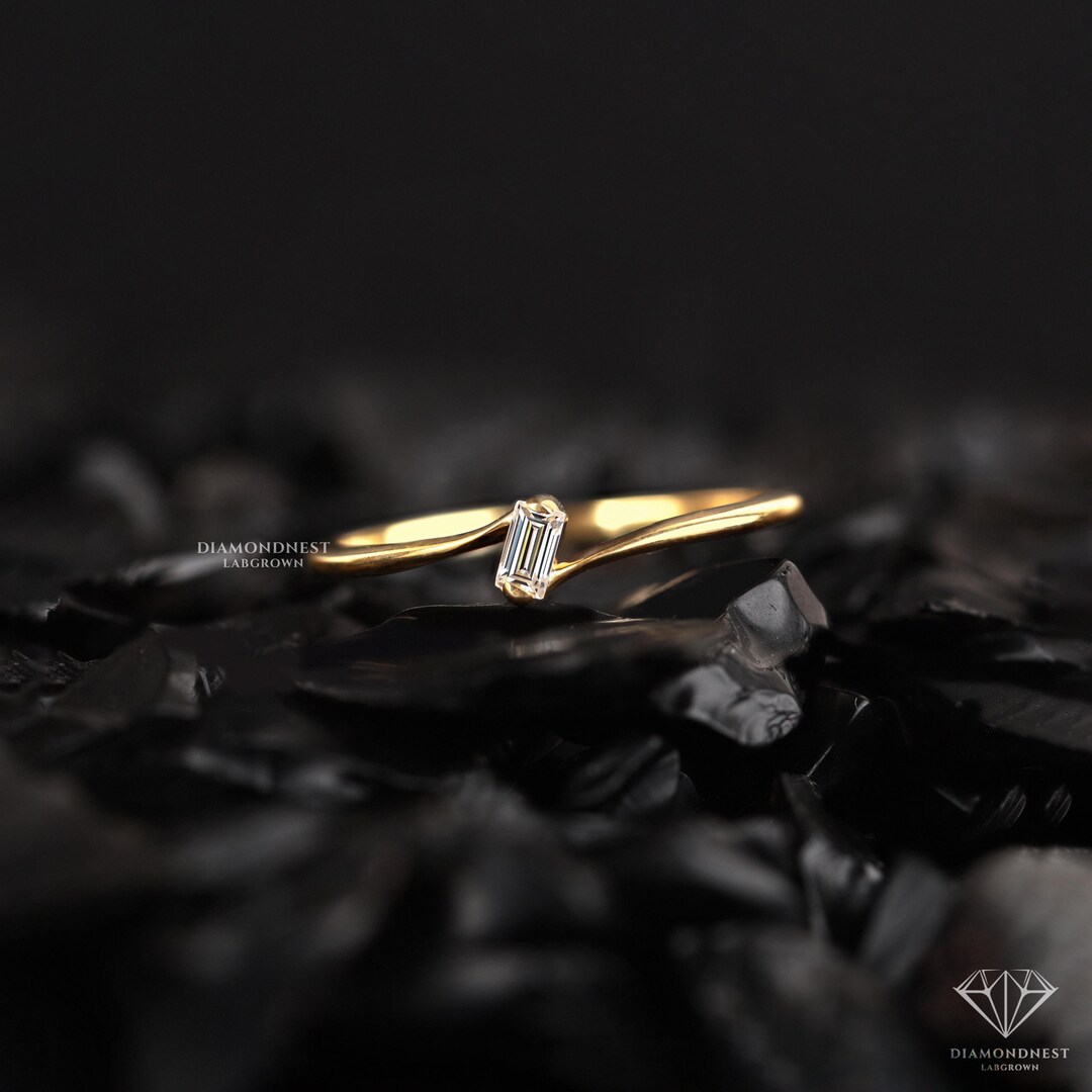 Petite Baguette Lab Grown Diamond Ring 14k Gold Wedding Band Solitaire ...