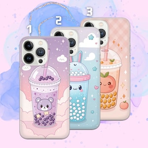 May include: Three phone cases with different designs featuring cute cartoon bubble tea drinks. The cases are pink, blue, and peach with white clouds and stars. The bubble tea drinks are purple, blue, and orange with cute faces and toppings.
