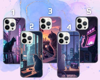 Lofi Phone Case Anime Cat Phone Cover for iPhone 16e, 15, 14, 13, 12, 11, Google Pixel 9 Pro, 8, 7A, Samsung S25 edge, S24 FE, A71, A36