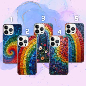 May include: Five different iPhone cases with a rainbow mosaic design. Each case features a different variation of the rainbow mosaic pattern, including a spiral, a rainbow arch, and a floral design.