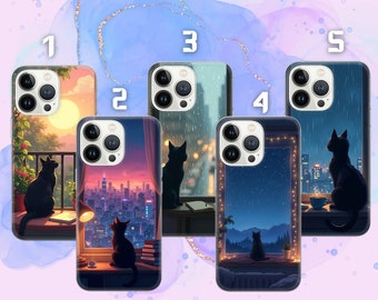 Lofi Cat Phone Case Anime Phone Cover for iPhone 16 Pro, 15, 14, 13, 12, 11, Google Pixel 9 Pro, 8, 7A, Samsung Galaxy S24 fe, A16, A55
