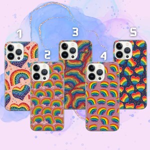 May include: Five phone cases with colorful rainbow designs. The cases feature various patterns, including hearts, rainbows, and abstract swirls. The cases have a glossy finish and are designed to fit a smartphone.