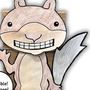 May include: Printable paper bag puppet of a brown squirrel with a big smile, waving with its right paw. The text "Printable! Easy Prep!" is on a white circle.