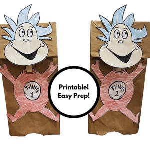 Dr. Seuss Printable Craft - Thing 1 and Thing 2 Puppets - Dr. Seuss Craft for Kids - Seuss Themed Party Craft - Read Across America Week