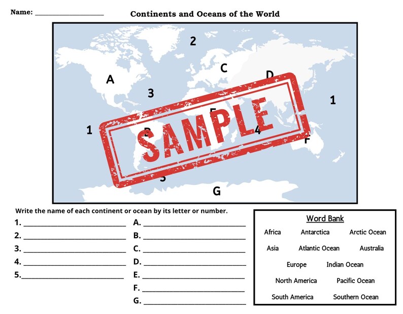 Continents and Oceans Worksheets - World Map Printables - Continents ...
