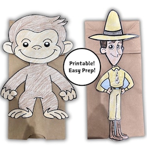 May include: Printable paper bag puppets of Curious George and The Man with the Yellow Hat. The puppets are ready to be colored in. The text "Printable! Easy Prep!" is on a white circle.