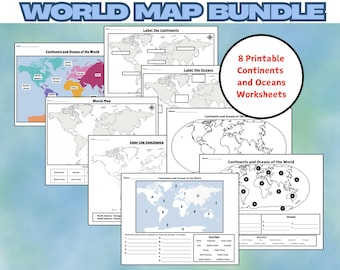 World Map Worksheet Bundle: Continents & Oceans Activity (Printable)