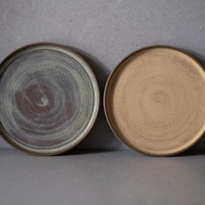May include: Two ceramic plates, one with a brown and green swirl pattern and the other with a light brown color.