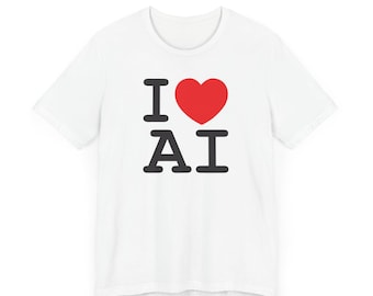 May include: White t-shirt with the text "I ♥ AI" in black letters and a red heart symbol. The shirt is a casual wear item, likely made of cotton or a similar fabric.