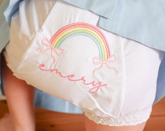 Rainbow Baby Bloomers, Monogrammed Toddler Bloomers, Personalized Rainbow with Bows Bloomers, Spring Baby Girl Bloomers, Cute Baby Bloomers