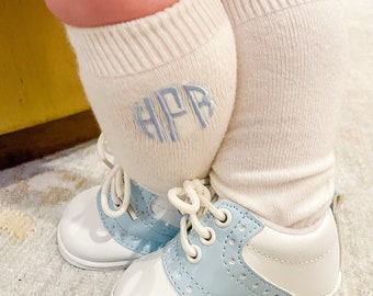 Personalized Embroidered Knee Socks for Boys. White Monogrammed socks. White formal outfit toddler Newborn photo prop. Baby Shower gift