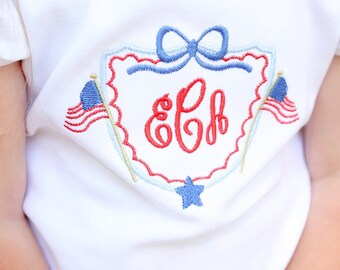 Girls Personalized Patriotic T Shirt with Crest, Girls T Shirt, Monogrammed Fourth of July Toddler Girls T Shirt, Red White Blue Flags Bow