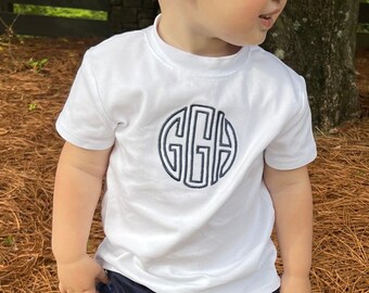 Boys Circle Monogram Shirt, Personalized Tee for Toddler Boy, Monogrammed White T Shirt, First Day of Preschool Outfit