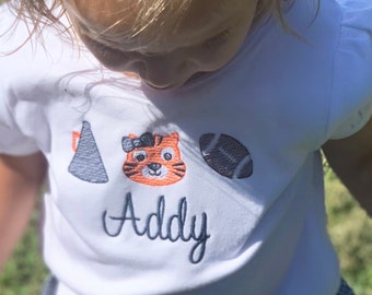 Monogrammed Girls Tiger Tee, Personalized Embroidered Game Day Shirt, Girls Football Monogram, Baby Gift AU War Eagle Fan or Auburn Grad