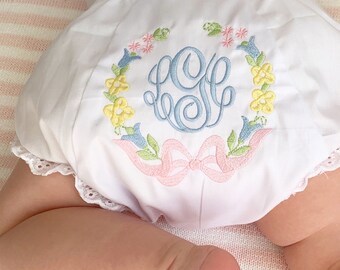 Monogrammed Diaper Cover, Floral Baby Bloomers, Easter Monogram Spring Baby Shower Gift, Pastel Baby Girl Bloomers, Newborn Photo Prop