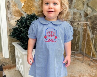 Monogrammed Back to School Dress for Toddler Girl, First Day of Kindergarten Dress with Personalized Apple Crest, Royal Blue Gingham Dress