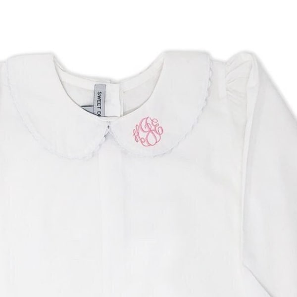 Personalized Embroidered Shirt for Girls + Peter Pan collar. Monogrammed blouse Long sleeve. White formal outfit toddler Newborn photo prop