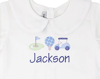 Personalized Boys Golf Peter Pan Shirt, Boys Peter Pan Collar Shirt, Toddler Boys Monogrammed Shirt with Golf Green, Golf Ball and Golf Cart