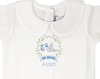 Big Brother Peter Pan Shirt with Stork and Name, Big Brother Shirt, Personalized White Peter Pan Collar Shirt for New Baby Announcement