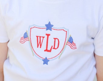 Boys Personalized Patriotic T Shirt with Crest, Boys Fourth of July T Shirt, Monogrammed Bodysuit for Baby Boy, Toddler Boy Red White Blue