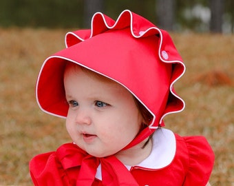 Red Monogrammed Baby Bonnet with white piping and buttons. Custom Personalized Classic Baby Gift. Sun Hat with Ties for Baby & Toddler