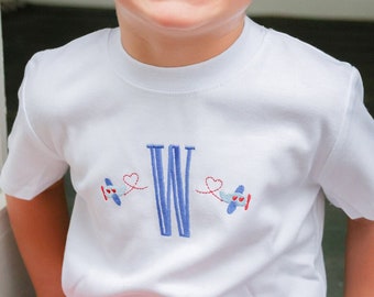 Boys Personalized Valentine's Day T Shirt w Airplanes, Boys T Shirt, Monogrammed Valentines Onesie Baby Boy, Toddler Boy Embroidered Shirt