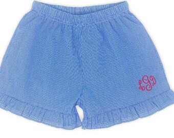 Girls Royal Gingham Ruffle Shorts. Custom Girls Shorts. Personalized shorts. Blue checkered preppy baby & toddler shorts. Kids clothing