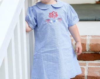 Patriotic Royal Gingham Dress  with monogram. Blue short sleeve A-line Peter Pan collar dress for girl. Customized toddler outfit. Baby girl