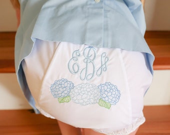 Hydrangea Baby Bloomers, Monogrammed Toddler Bloomers, Hydrangea Monogram Diaper Cover Bloomers, Personalized Grandmillennial Baby Girl Gift