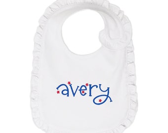 Girls Monogrammed Patriotic Baby Bib, Personalized Infant Red White and Blue Bib. 4th of July Baby Shower Gift. Memorial Day New Baby Gift