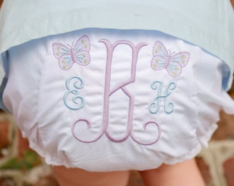 Monogram Butterfly Baby Bloomers, Monogrammed Toddler Bloomers, Purple Blue Butterfly Bloomers, Spring Baby Girl Personalized Diaper Cover