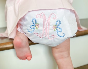 Side Bow Personalized Baby Bloomers, Monogrammed Toddler Bloomers, Diaper Cover with Initial Bows and Flowers, Spring Baby Girl Bloomers