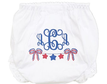 Patriotic Monogrammed Baby Shower Gift. Personalized Diaper Cover Girl Bloomers. Toddler Gift. Newborn Photo Prop. Baby Girl Coming Home 4th