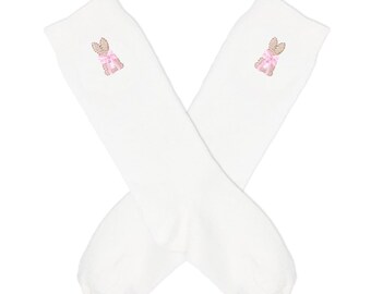 Easter Knee Socks with Bunny, Baby Knee High Socks, White Knee High Socks with Bunny for Toddler Girl, Spring Embroidered Tall Socks