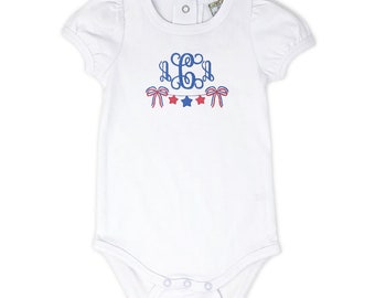 Girls Patriotic Monogram Bodysuit Long & short sleeve. Tee for girl. Monogrammed White T-Shirt Toddler Newborn. Personalized Bodysuit.
