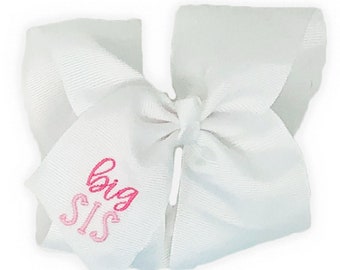 Big Sis Hair Bow, Big Sister Hair Clip, Embroidered Bows, Large Baby Headband, 5-inch White Bow with Pink Embroidery, Grosgrain Ribbon