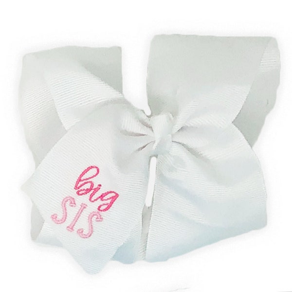 Big Sis Hair Bow, Big Sister Hair Clip, Embroidered Bows, Large Baby Headband, 5-inch White Bow with Pink Embroidery, Grosgrain Ribbon