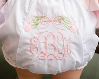 Tulip Baby Bloomers, Monogrammed Toddler Bloomers, Spring Floral Bloomers, Spring Baby Girl Diaper Cover, Personalized Baby Bloomers w/ Bow