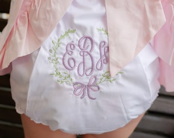 Lavender Wreath Baby Bloomers, Monogrammed Toddler Bloomers, Bloomers w/ Purple Bow, Spring Baby Girl Bloomers, Personalized Baby Bloomers