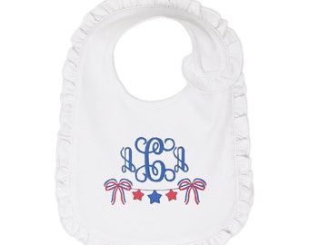 Girls Monogrammed Patriotic Baby Bib, Personalized Infant Red White and Blue Bib. 4th of July Baby Shower Gift. Memorial Day New Baby Gift