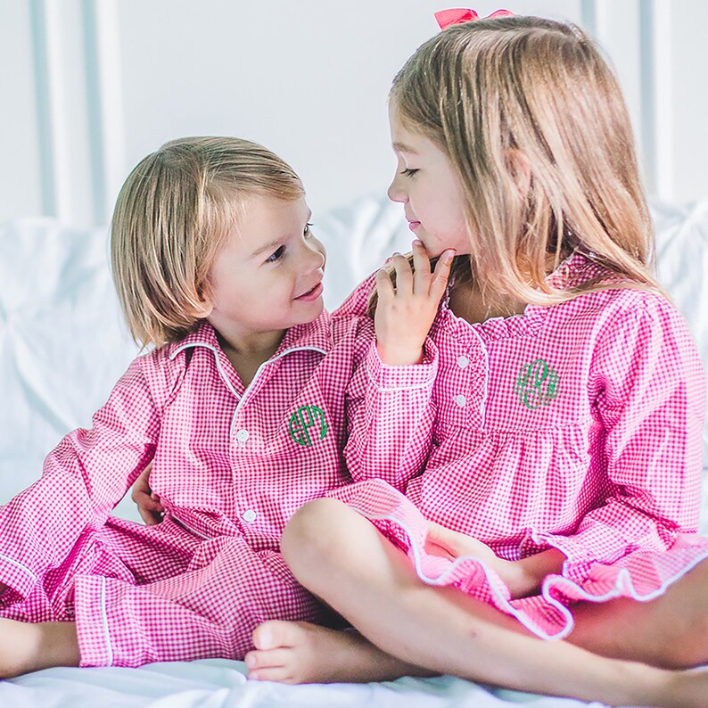 Matching Valentine Kids baby toddler Boys Sibling outfits Red nightgown pjs Monogrammed Personalized Valentines Day Pajamas for Girls