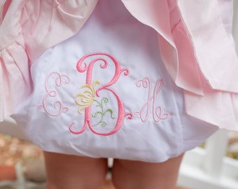 Floral Baby Bloomers, Monogrammed Toddler Bloomers, Pink Monogram Bloomers, Spring Baby Girl Bloomers, Personalized Flower Baby Bloomers