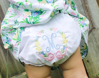 Monogrammed Diaper Cover, Floral Baby Bloomers, Easter Monogram Spring Baby Shower Gift, Pastel Baby Girl Bloomers, Newborn Photo Prop
