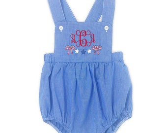 Monogrammed Royal Blue Gingham Sunsuit. Personalized Unisex Microcheck Romper for boys and girls. Patriotic outfit for baby. Red White Blue
