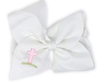 Easter Hair Bow, Custom Cross Baby Bow, Easter Baby Shower Gift, Baby Headband Bows, Toddler Girl Bow, Embroidered Oversized Baby Bow