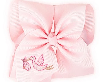 Pink Embroidered Stork Hair Bow, Big Sister Hair Bow, Pink Grosgrain Hair Bow for Big Sister, Attaches with Headband or Alligator Clip