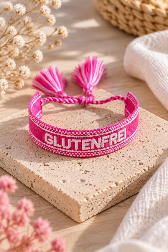 Gluten-free bracelet in pink | Embroidered fabric bracelet | Gift for children & adults with celiac disease