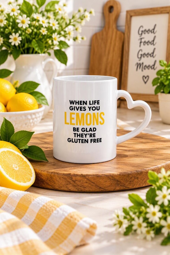 Heart-Shaped Gluten-Free Mug | Funny Mug with Saying | When Life Gives You Lemons, Be Glad They're Gluten Free | Celiac Disease Gift