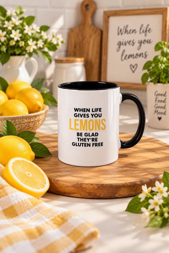 Funny Gluten-Free Mug | Black or Yellow Coffee Mug with Saying | When Life Gives You Lemons, Be Glad They're Gluten Free | Celiac Disease